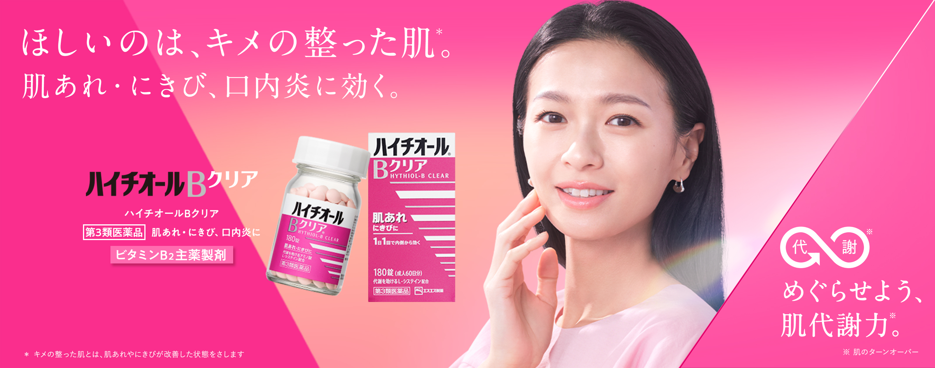ハイチオールBクリア　第3類医薬品　肌あれ・にきび、口内炎に​　ビタミンB2主薬製剤 ほしいのは、キメの整った肌※。　肌あれ・にきび、口内炎に効く。 ＊ キメの整った肌とは、肌あれやにきびが改善した状態をさします 代謝※　めぐらせよう、肌代謝力※。 ※ 肌のターンオーバー