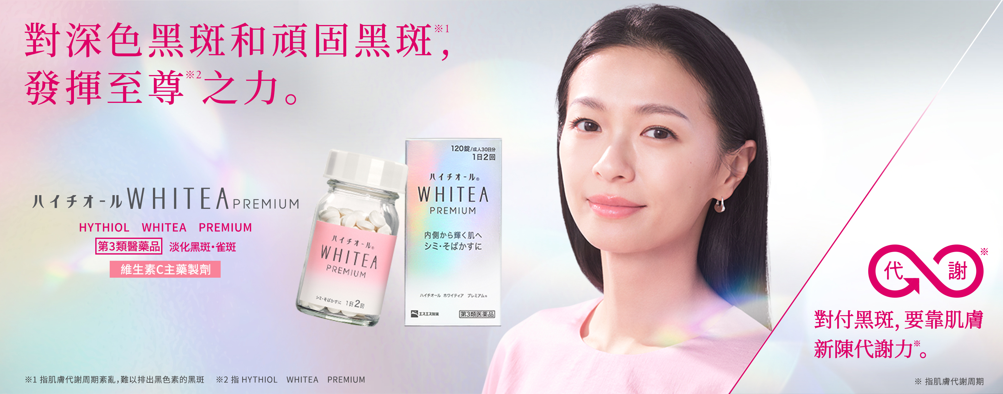 對付黑斑，要靠肌膚新陳代謝力※。 對深色黑斑和頑固黑斑※1，發揮至尊※2之力。※1 指肌膚代謝周期紊亂，難以排出黑色素的黑斑 ※2 指HYTHIOL　WHITEA　PREMIUM HYTHIOL　WHITEA　PREMIUM 第3類醫藥品 淡化黑斑・雀斑 維生素C主藥製劑 ※ 指肌膚代謝周期